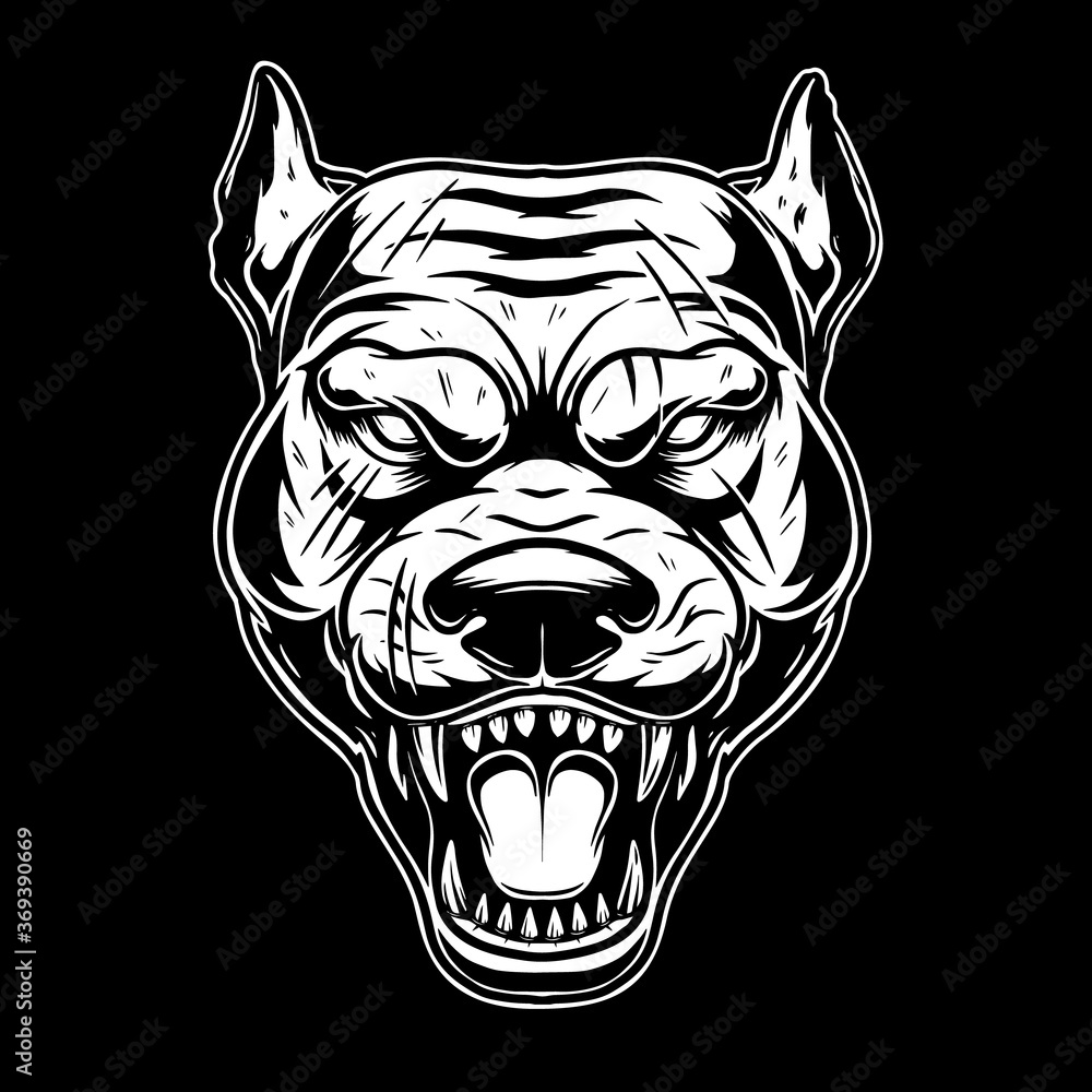 Illustration of head of angry pitbull in vintage monochrome style. Design element for logo, emblem, sign, poster, card, banner. Vector illustration - obrazy, fototapety, plakaty 