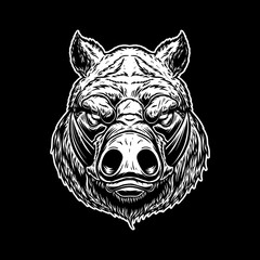 Wall Mural - Illustration of head of wild angry boar in vintage monochrome style. Design element for logo, emblem, sign, poster, card, banner. Vector illustration