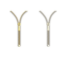 Open Close Zip. Realistic Zipper Fastener Vector. Metallic Gold Silver White Elegant Zip Locker. Graphic Isolated Illustration