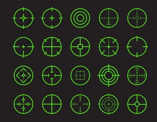 Wall Mural - Green target line vector icon set. Neon shooter game crosshair element for firearm aiming focus. HUD sniper aim.