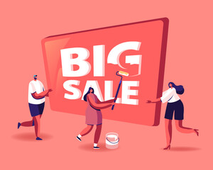 Wall Mural - Discount Offer Concept. Happy People Painting Huge Banner with Big Sale Typography. Male and Female Characters Shopping