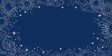 Wall Mural - Blue space background with sun, moon and stars with place for text. Magic banner with copy space. Blank for astrology, fortune telling, boho parties. Vector illustration