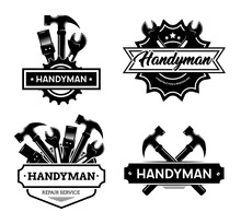 Different Handyman Logo Flat Icon Set. Black Vintage Service Badges With Wrench And Hammer For Mechanic Worker Vector Illustration Collection. Construction And Maintenance Concept