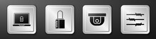Set Laptop And Lock, Safe Combination Lock, Motion Sensor And Barbed Wire Icon. Silver Square Button. Vector.