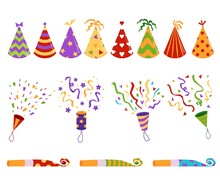 Birthday Party Hats, Blowers And Confetti Flat Vector Illustrations Set Isolated.