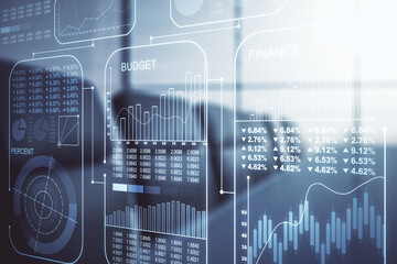 Multi exposure of stats data illustration on a modern conference room background, computing and analytics concept