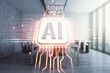 © Pixels Hunter - Abstract virtual artificial Intelligence symbol hologram on a modern conference room background. Multiexposure