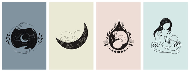 motherhood, maternity, babies and pregnant women logos, collection of fine, hand drawn style vector 