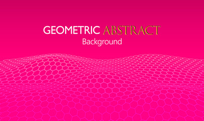 Wall Mural - Futuristic hexagon geometric abstract background. Futuristic hexagon perspective wide angle lanscape. Network connection concept pink vector illustration. Technology and wave concept. 3d landscape. Bi