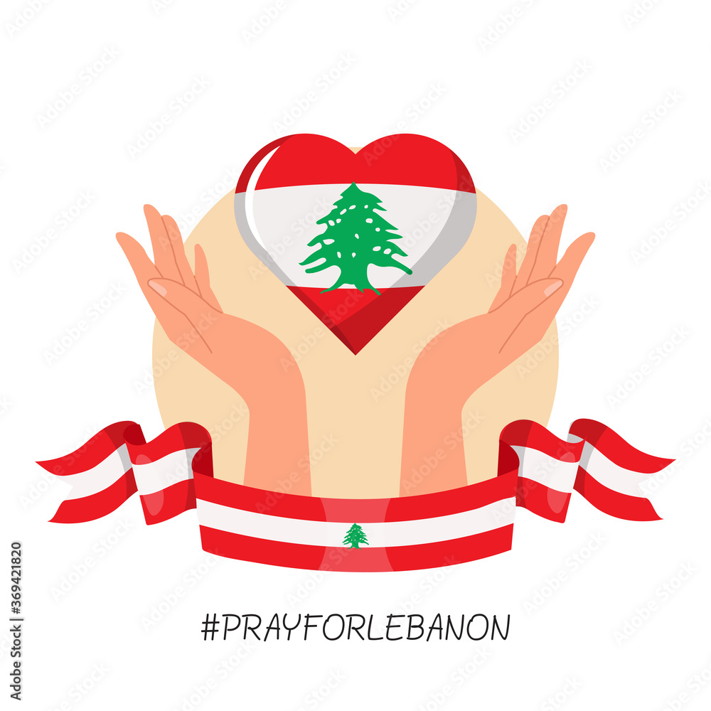Prayer hand symbol for Beirut Lebanon explosion. Lebanon national flag ribbon and heart icon. Flat vector design style icon. - obrazy, fototapety, plakaty 