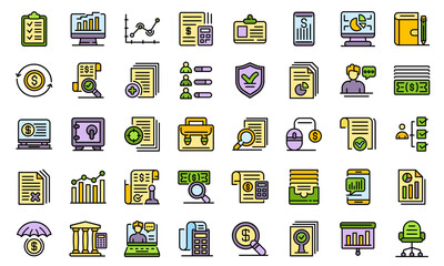 Poster - Audit icons set. Outline set of audit vector icons thin line color flat on white