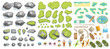 Set of elements for the tourist map. (Top view) Mountains, hills, rocks, stones, trees, plants, beach, pond, river, boats, tents, tourists. (View from above) 