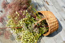 Wildflowers In A Wicker Basket Lie On The Floor. The View From The Top. Meadow Grasses And Daisies In A Bag On A Wooden Background. A Fragrant Beautiful Summer Bouquet Of Flowers.