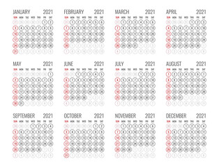 calendar for 2021 starts sunday, vector calendar design 2021 year