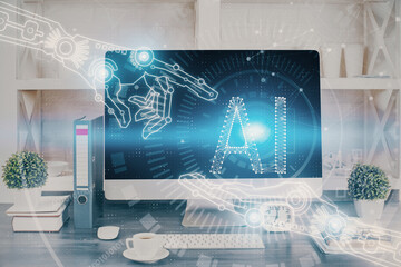 Fototapete - Double exposure of table with computer on background and data theme hologram. Data technology concept.