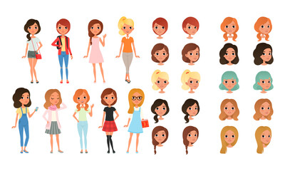 Wall Mural - Teenage Girl Creation Set, Cute Girls in Fashionable Clothes with Various Haircuts, Faces, Poses Cartoon Style Vector Illustration