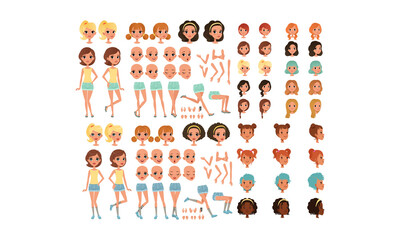 Wall Mural - Teenage Girl Creation Set, Cute Girls with Various Haircuts, Face Emotions, Poses Cartoon Style Vector Illustration