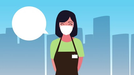 Canvas Print - saleswoman wearing medical mask with speech bubble character