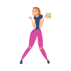 Poster - Happy Drunk Woman with Mug of Beer in her Hands, Drunkenness, Bad Habit Concept Cartoon Style Vector Illustration