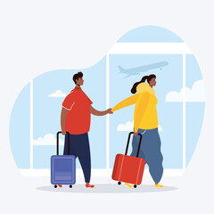 Canvas Print - interracial couple travelers with suitcases avatars characters