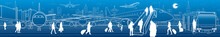 Airport Panorama. The Plane Is On The Runway. Aviation Transportation Infrastructure Scene. Airplane Fly, Passengers Board The Plane Of Bus. Night City At Background, Vector Design Art