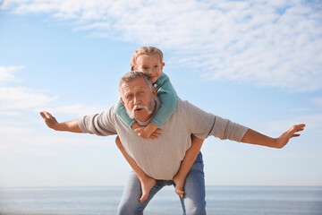 Poster - little girl playing with grandfather on sea beach