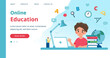 © Biscotto Design - Online learning template with boy studying with computer. Vector illustration in flat style