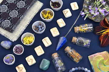 Sticker - Mystic still life with tarot cards, runes, crystal and bottles with elixir on witch table.