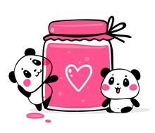 Vector Illustration Of Two Lovely Cartoon Pandas With Big Pink Jam Jar