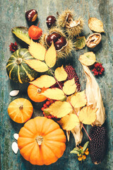 Wall Mural - Autumn concept with seasonal fruits and vegetables