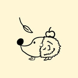 Fototapeta  - Autumn hedgehog doodle with an apple and a leaf falling. Outline drawing for a coloring book. Simple hand drawn illustration.