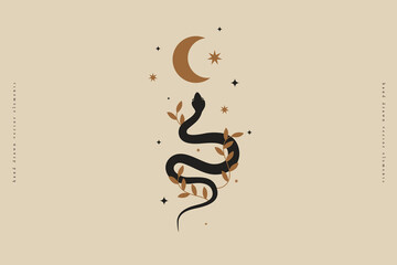 Poster - Mystical composition with a wriggling snake, crescent moon, stars on a light background. Boho style and esotericism. Magic illustration for spiritual practices of ethnic magic and rites.