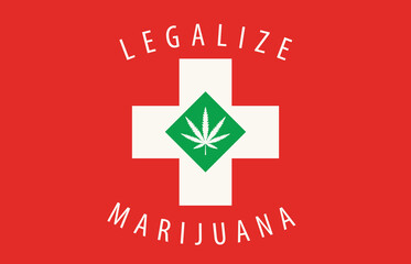 Wall Mural - Banner in the form of the Swiss flag with a hemp leaf. The concept of legalizing marijuana, cannabis in Switzerland. Legalization of cannabis for medical use.