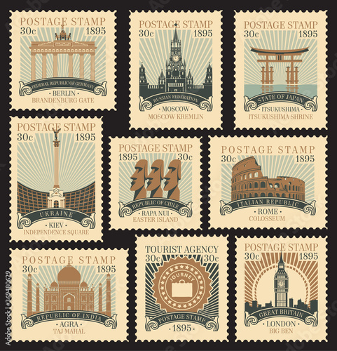 Set of postage stamps on the theme of travel with architectural and historical attractions from various countries. Vector illustrations of famous places in the form of old stamps in retro style