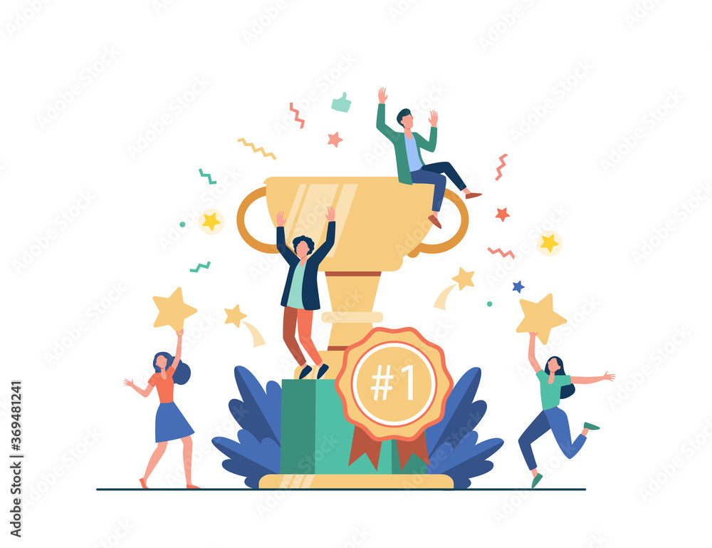 Team of happy employees winning award and celebrating success. Business people enjoying victory, getting gold cup trophy. Vector illustration for reward, prize, champions concepts - obrazy, fototapety, plakaty 