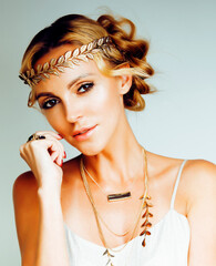 Poster - young blond woman dressed like ancient greek godess, gold jewelry close up isolated, summer trends