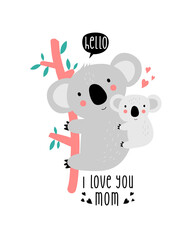 Cute mom and baby sloth print design with slogan. Vector illustration design for fashion fabrics, textile graphics, prints.