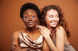 © iordani - two pretty girls african and caucasian blond posing cheerful together on brown background, etnithity diverse lifestyle people concept