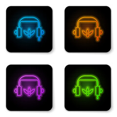 Canvas Print - Glowing neon Headphones for meditation icon isolated on white background. Black square button. Vector.