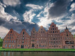 Old hanseatic warehouses in Lubeck panorama, Germany
