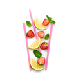 © evgenij918 - Strawberry, lemon, mint summer beverage isolated on white. Berry cocktail closeup, top view. Fresh lemonade citrus slices, strawberry. Creative fun concept, fashionable trendy, flat lay
