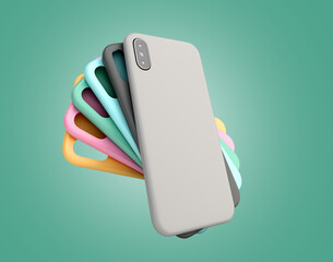 multicolored phone cases presentation for showcase 3d render on green gradient