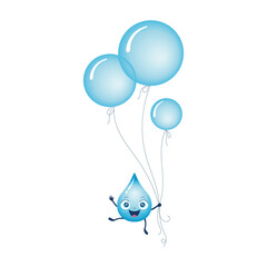 Vector illustration of blue water and rain drop flying with blue bubble balloons with strings. Childrens composition for cards, backgrounds, fabric prints etc. Happy and funny cartoon characters.