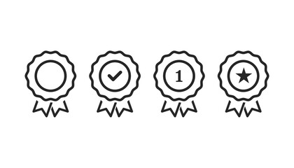 Wall Mural - Set of award medal. Success badge. First place with star shape medallion. Competition emblem in black and white. Transparent achievement prize. Blank award medal in outline style. EPS 10.