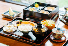 Ryokan Series: Breakfast Set Of Japanese And American Style On Wooden Table In Ryokan, Traditional Japanese Hotel