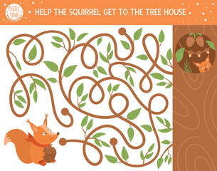 Autumn maze for children. Preschool printable educational activity. Funny fall season puzzle with cute animal. Help the squirrel get to the tree house. Forest game for kids. .