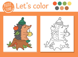 Wall Mural - Autumn coloring page for children. Cute funny hedgehog with cup of tea sitting on the tree stump. Vector fall season outline illustration. Forest animal color book for kids with colored example.