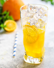 Wall Mural - orange juice drink grapefruit tangerine lemonade citrus mandarin mint transparent beverage glass cup takeaway Menu concept serving size food background top view copy space organic tipple