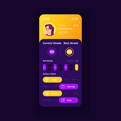 Canvas Print - Gym owners and coachers app smartphone interface vector template. Mobile app page night mode design layout. Best streak function on screen. Flat UI for application. Yoga classes client phone display