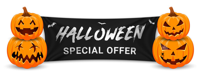 Sticker - Halloween sale promotion banner with pumpkin, bats and black flag.